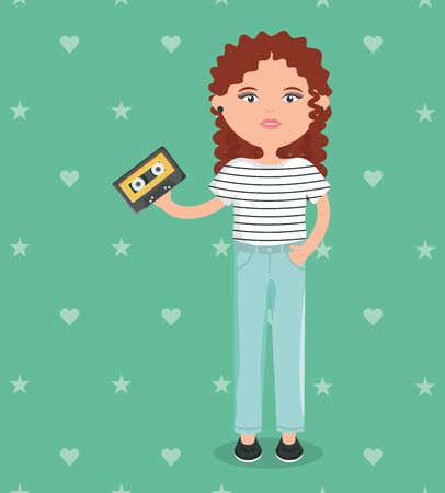 cute woman with cassette music street style characterのイラスト素材
