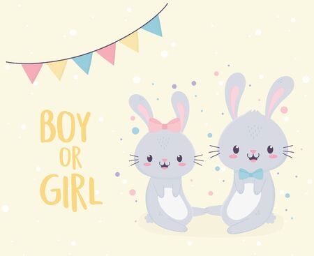 baby shower cute boy or girl bunnies welcome newborn card vector illustrationのイラスト素材