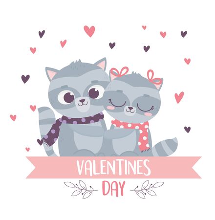 happy valentines day cute couple embraced raccoons with scarf love heartsのイラスト素材