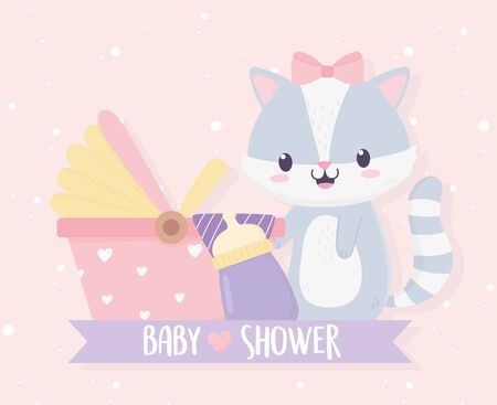 baby shower cute little raccoon girl with milk bottle and pram ribbonのイラスト素材