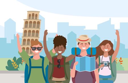 women and man friends with backpack and global mapのイラスト素材