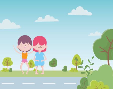 happy childrens day cute little boys in the road with trees vector illustrationのイラスト素材