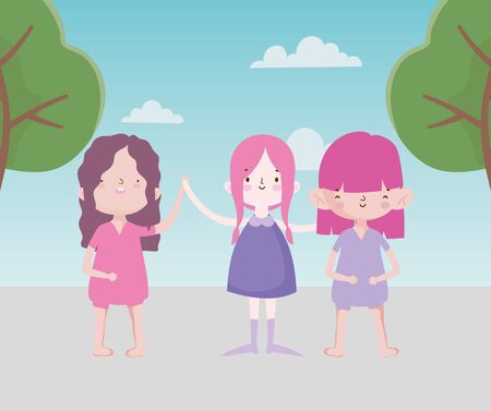 happy childrens day cute little girls holding hands trees foliage vector illustrationのイラスト素材