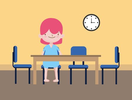 childrens day, little girl sitting in the room with table and chairs clock vector illustrationのイラスト素材