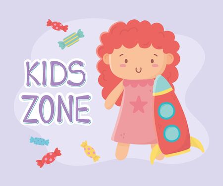 kids zone, cute little doll with pink dress and rocket toys vector illustrationのイラスト素材