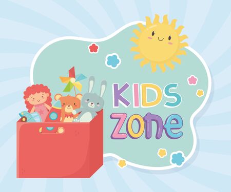 kids zone, filled red box with toys storage vector illustrationのイラスト素材