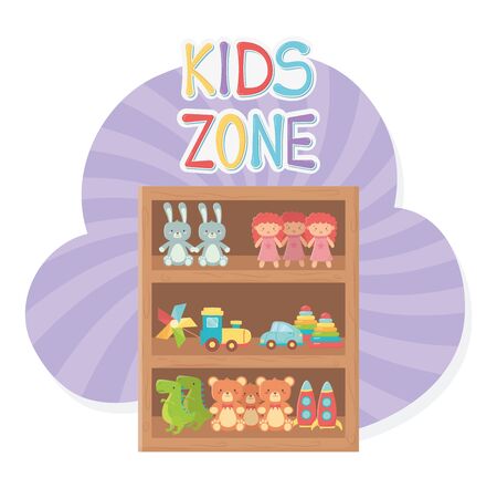 kids zone, wooden shelf furniture with toys vector illustrationのイラスト素材