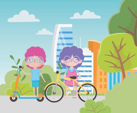 happy childrens day little boys with electric scooter and bike city park vector illustrationのイラスト素材