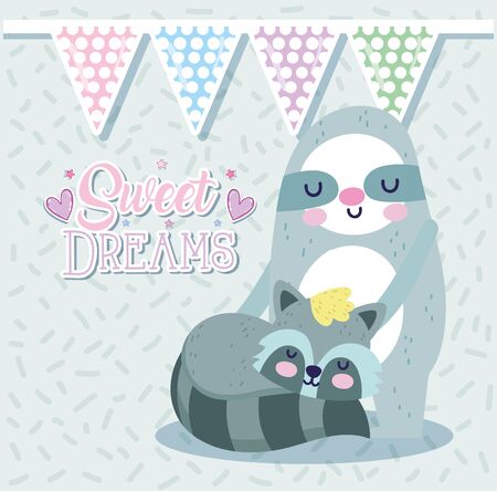 baby shower cute sloth and raccoon bunting flags decoration cartoon vector illustrationのイラスト素材