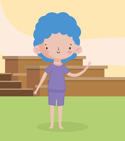 childrens day, little boy blue hair standing on grass vector illustrationのイラスト素材