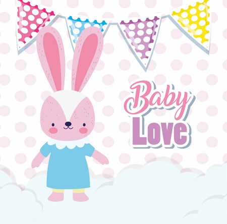 baby shower love rabbit girl with dress flags clouds decoration cartoon vector illustrationのイラスト素材