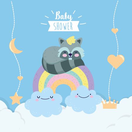 baby shower cute raccoon on rainbow with clouds cartoon vector illustrationのイラスト素材