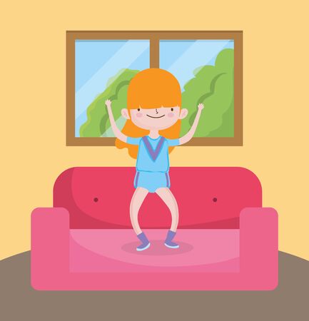 childrens day, little girl jumping in the sofa vector illustrationのイラスト素材