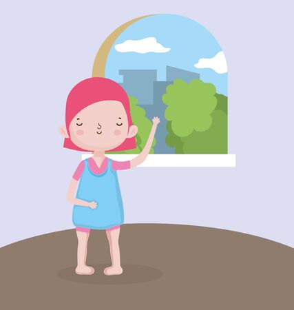 childrens day, girl with city view from the window vector illustrationのイラスト素材