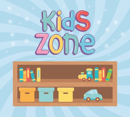 kids zone, wooden shelf with boxes books and toys vector illustrationのイラスト素材