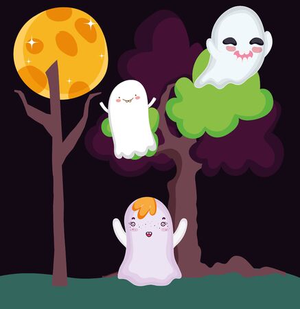 ghosts cartoon in the night halloweenのイラスト素材