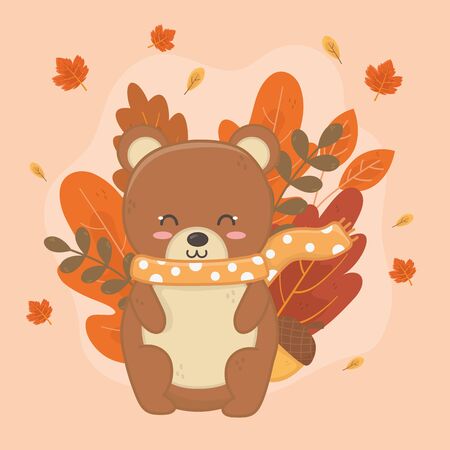 cute bear sitting leaves acorn foliage hello autumn vector illustrationのイラスト素材