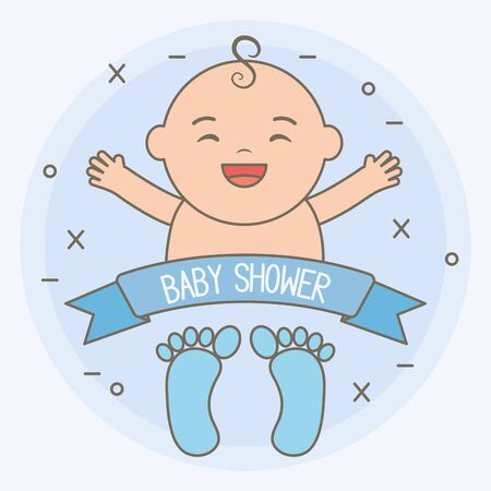 cute little baby boy with ribbon and footprintのイラスト素材