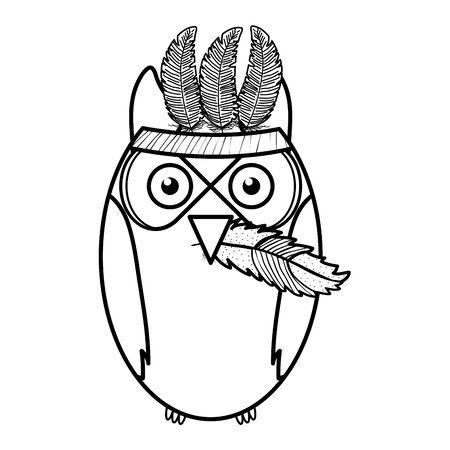 owl bird with feathers hat bohemian styleのイラスト素材