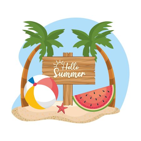 palms trees with beach ball and watermelon fruit to summer time vector illustrationのイラスト素材