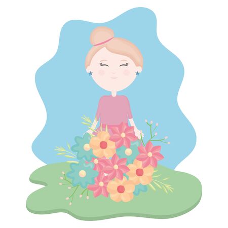 cute little girl with floral bouquet in the fieldのイラスト素材