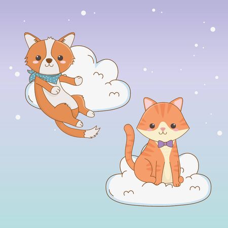 cute little dog and cat mascots floating in the cloudsのイラスト素材