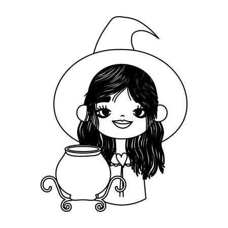 happy halloween celebration girl with hat witch cauldron spell vector illustration thick lineのイラスト素材