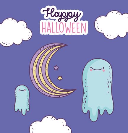 happy halloween celebration ghosts moon night stars clouds vector illustrationのイラスト素材