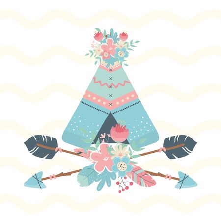 indian tent with flowers and arrows boho style vector illustration designのイラスト素材