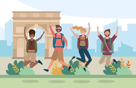 women and men friends jumping with backpack to travel in arc triomphe vector illustrationのイラスト素材