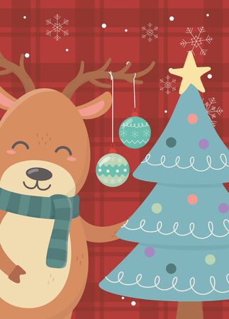 hanging balls horns reindeer tree merry christmas card vector illustrationのイラスト素材