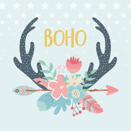 deer horns with flowers ,feathers and arrows boho style vector illustration designのイラスト素材