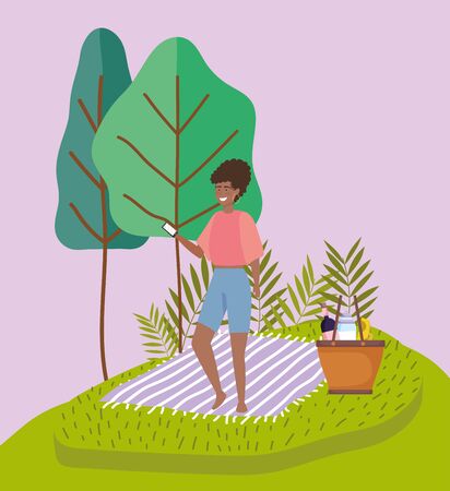woman with smartphone basket food and blanket picnicのイラスト素材