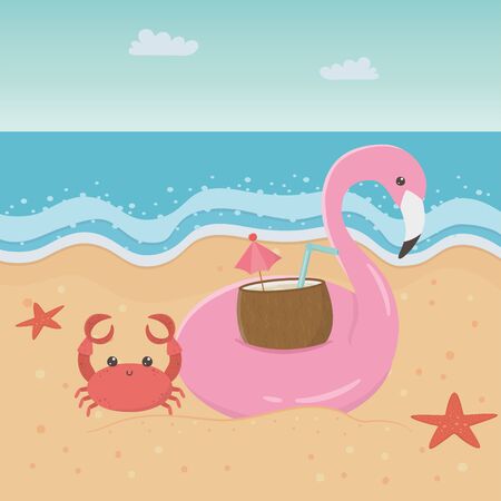 Flamingo float and summer icon set design, Vacation beach tropical relaxation outdoor nature tourism island and season theme Vector illustrationのイラスト素材