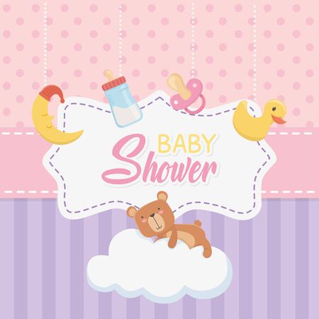 baby shower card with little bear teddy and accessories set vector illustrationのイラスト素材