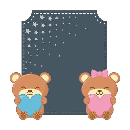 square frame and toy bears holding hearts and stars in the corner vector illustration graphic designのイラスト素材