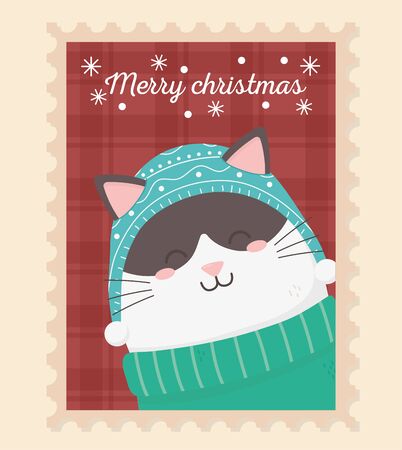 cute cat with sweater celebration happy christmas stamp vector illustrationのイラスト素材