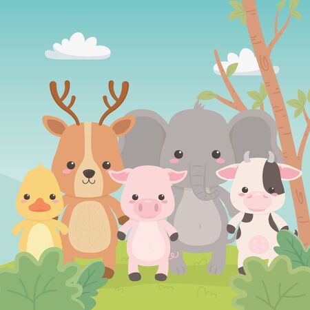 cute and little animals in the field characters vector illustration designのイラスト素材