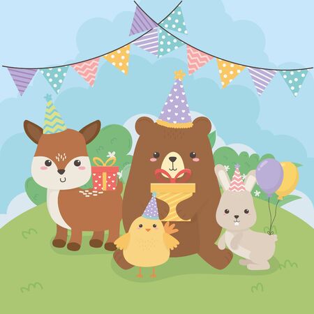 group of cute animals farm in birthday party sceneのイラスト素材