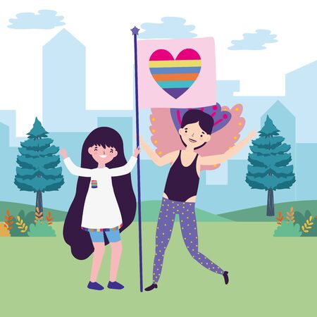Woman and man cartoon design, Lgbt march pride equality freedom love and community theme Vector illustrationのイラスト素材