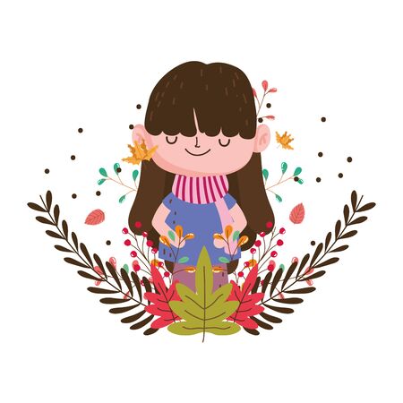 cute girl with scarf leaves branch hello autumn vector illustrationのイラスト素材