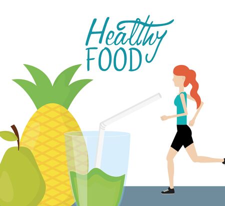 running woman with pineapple pear and juice health food vector illustrationのイラスト素材