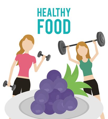 women with barbell dumbbell and grapes health food vector illustrationのイラスト素材