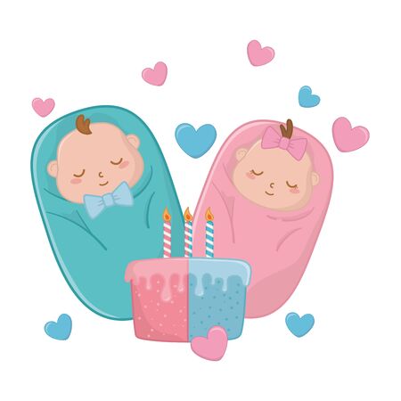 babys sheltered and birthday cake and candles and hearts floating around vector illustration graphic designのイラスト素材