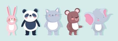 cute animals panda rabbit elephant bear and cat cartoonのイラスト素材