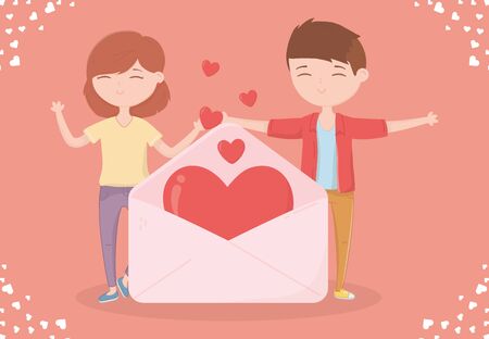 happy valentines day smiling couple with envelope hearts love card vector illustrationのイラスト素材
