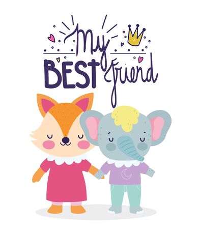 best friends card cute fox and elephant cartoon card vector illustrationのイラスト素材