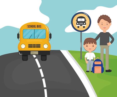 young male teacher with student boy in the bus stop vector illustration designのイラスト素材