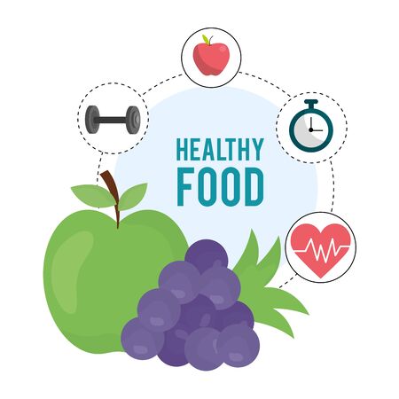 fresh fruits green apple grapes chronometer barbell heartbeat health food vector illustrationのイラスト素材