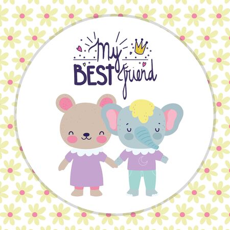 best friends cute female bear and elephant cartoon card vector illustrationのイラスト素材